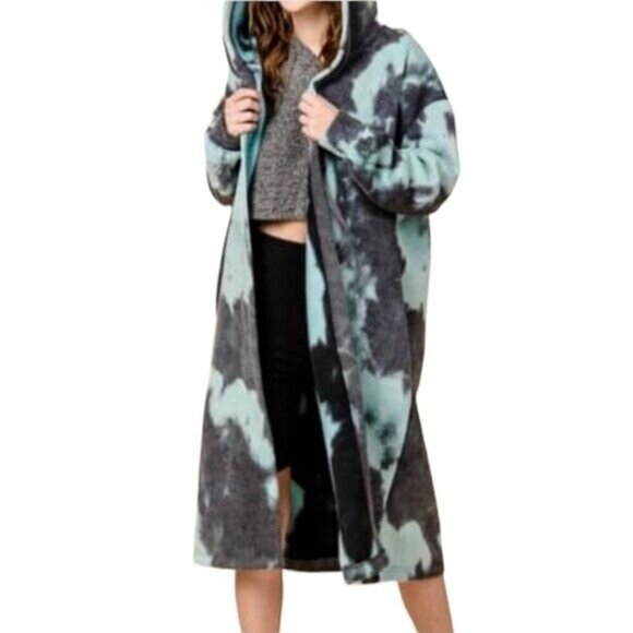 Longline Fuzzy Fleece Open Front Hooded Cardigan Jacket Tie Dye - Picture 1 of 10